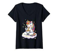 Femme Chibi Unicorn Mangeant des Spaghettis Arc-en-Ciel Graphique T-Shirt avec Col en V