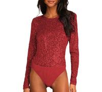 Femme Chic Et éLéGant Manche Longue Col Rond Paillettes Justaucorps String Top Combinaison Danse Club Body Paillettes Chemisier T-Shirt Soirée Clubwear (Red, S)