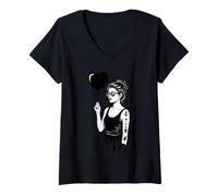 Femme Chic Woman - Ballon en Forme de cœur - Look Tatouage T-Shirt avec Col en V