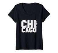 Femme Chicago avec silhouette d'horizon de Chicago sur I City Of Chicago T-Shirt avec Col en V