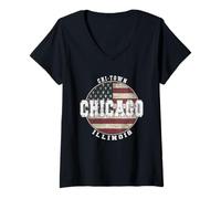 Femme Chicago Illinois, Drapeau américain Vintage T-Shirt avec Col en V