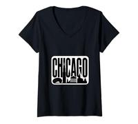 Femme Chicago Skyline Graphic - Design minimaliste de silhouette de ville T-Shirt avec Col en V