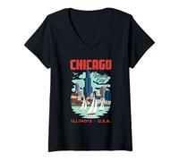 Femme Chicago Skyline The Windy City Lake Michigan Sailing Retro T-Shirt avec Col en V