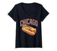 Femme Chicago Style Hot Dogs Midwest Foodie Orange and Blue Text T-Shirt avec Col en V