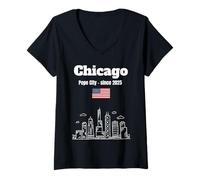 Femme Chicago, ville du pape depuis 2025, paysage urbain de Chicago, drapeau américain T-Shirt avec Col en V