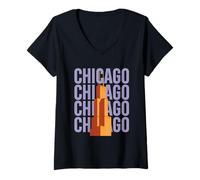 Femme Chicago Willis Tower Skyline Rétro Bloc Lettre T-Shirt avec Col en V