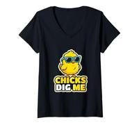 Femme Chicks Dig Me Pâques Humour Vacances Saisonnier Spring Farmer T-Shirt avec Col en V