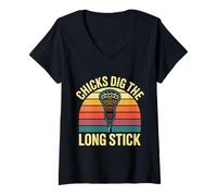 Femme Chicks Dig The Long Stick Joueur de blagues de Crosse |- T-Shirt avec Col en V