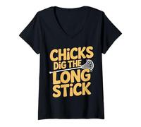 Femme Chicks Dig The Long Stick Joueur de blagues de Crosse |- T-Shirt avec Col en V