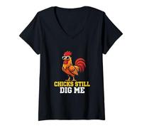 Femme Chicks Still Dig Me Coq Ferme Volaille Barnyard Farmer T-Shirt avec Col en V