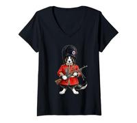 Femme Chien Border Collie Thé London Garde du Roi Angleterre Drapeau T-Shirt avec Col en V