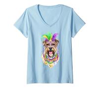 Femme Chien Border Terrier Mardi Gras T-Shirt avec Col en V