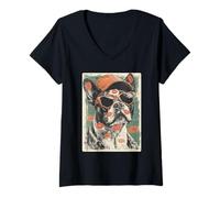 Femme Chien Boston Terrier avec Lunettes de Soleil Bisous Saint-Valentin T-Shirt avec Col en V