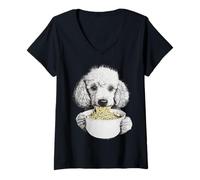 Femme Chien Caniche Mangeant des Nouilles Ramen drôle Chiot Gourmand T-Shirt avec Col en V