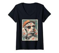 Femme Chien Caniche Mignon avec Lunettes de Soleil Bisous Saint-Valentin T-Shirt avec Col en V