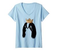 Femme Chien chin japonais portant une couronne T-Shirt avec Col en V