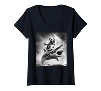 Femme Chien drôle Bouledogue français chevauchant Un Requin dans Tornado Meme T-Shirt avec Col en V