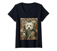 Femme Chien Floral Westie Victorian Gentleman T-Shirt avec Col en V