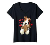 Femme Chien Fox Terrier À Poil Dur Avec Cœur Et Peluche T-Shirt avec Col en V