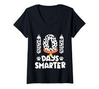 Femme Chien Heureux 101 Jours d'école 100 Jours Plus Intelligent pour Les Enfants T-Shirt avec Col en V