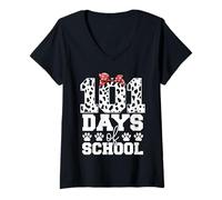Femme Chien Heureux 101 Jours d'école 100 Jours Plus Intelligent pour Les Enfants T-Shirt avec Col en V