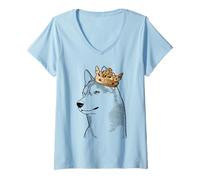 Femme Chien Husky Sibérien portant une couronne T-Shirt avec Col en V