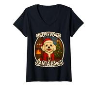 Femme Chien Maltais I Believe in Santa Paws pour Maman Papa propriétaire de Noël T-Shirt avec Col en V