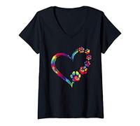 Femme Chien Maman Papa Chiot Amour Chiens Paw Print Coeur Tie Dye T-Shirt avec Col en V