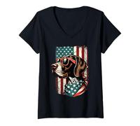 Femme Chien patriotique allemand à poil court 4 juillet États-Unis T-Shirt avec Col en V