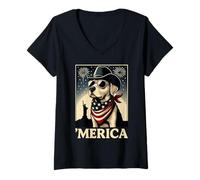 Femme Chien patriotique portant un chapeau et un bandana USA Cowboy T-Shirt avec Col en V