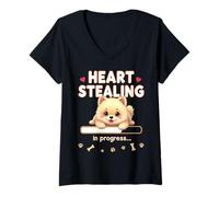 Femme Chien Poméranie en forme de cœur Cadeau amusant Pom Puppy T-Shirt avec Col en V