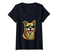 Femme Chien portant des lunettes de soleil, cool drôle rebelle boss hanche T-Shirt avec Col en V