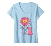 Femme Chien Rose Tournesol et Ruban Rose pour la Sensibilisation au Cancer du Sein T-Shirt avec Col en V