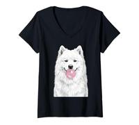 Femme Chien samoyède soufflant des Bulles de Chewing-Gum Mignon Animal de Compagnie T-Shirt avec Col en V