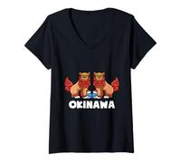 Femme Chien Shisa Okinawa T-Shirt avec Col en V