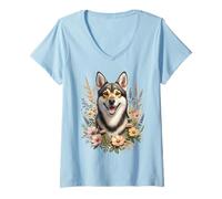 Femme Chien suédois Vallhund Fleurs sauvages d'été T-Shirt avec Col en V