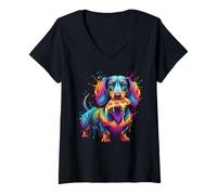 Femme Chien Teckel Mangeant Pizza coloré Wiener Dog Illustration T-Shirt avec Col en V