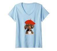 Femme Chien Teckel Portant Un béret Rouge T-Shirt avec Col en V