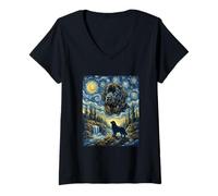 Femme Chien Terre-Neuve Lune Hurlant Nuit étoilée Van Gogh Style T-Shirt avec Col en V
