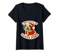 Femme Chien Terrier tibétain I Believe in Santa Paws Merry Christmas T-Shirt avec Col en V
