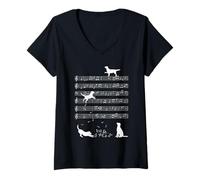 Femme Chiens Mignons Jouant des Notes de Musique Clef Musicien Art T-Shirt avec Col en V