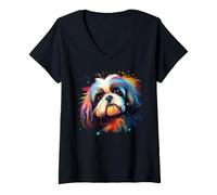 Femme Chiens Shih Tzu Aquarelle colorés T-Shirt avec Col en V