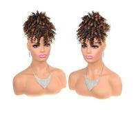 Femme Chignon Afro Puff avec frange Cheveux courts afro crépus bouclés Chignons Extension de cheveux queue de cheval à cordon synthétique Facile à utiliser(Natural Black to Light Auburn)