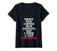 Femme Chignon Décoiffé Café Maman Fatiguée Humour T-Shirt avec Col en V