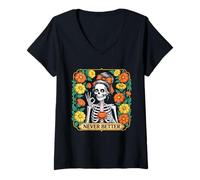 Femme Chignon Décoiffé Femme Squelette Café Floral Jamais Mieux T-Shirt avec Col en V