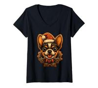 Femme Chihuahua de Noël avec Bonnet de Père Noël, Biscuit en Pain d'épices T-Shirt avec Col en V