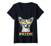 Femme Chihuahua Gay Pride LGBT Rainbow Flag Lunettes de Soleil LGBTQ Gifts T-Shirt avec Col en V
