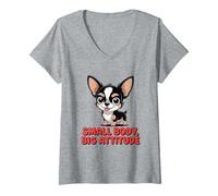 Femme Chihuahua Mignon de Dessin animé, Petit Corps, Grande Attitude T-Shirt avec Col en V