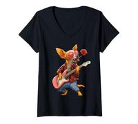 Femme Chihuahua Mignon Jouant de la Guitare Guitariste Chien Saint-Valentin T-Shirt avec Col en V