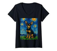Femme Chihuahua Nuit étoilée Mignon Petit Chien en colère Van Gogh T-Shirt avec Col en V